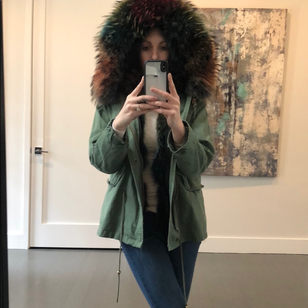 Army green parka with fox fur lining jacket